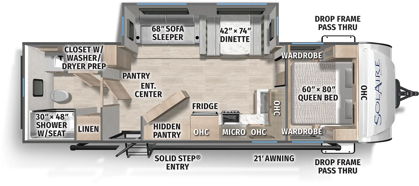 The SolAire Ultra Lite 2580RBSS floorplan has one entry and one slide out. Exterior features include: fiberglass exterior and 21' awning. Interiors features include: front bedroom and rear bathroom.